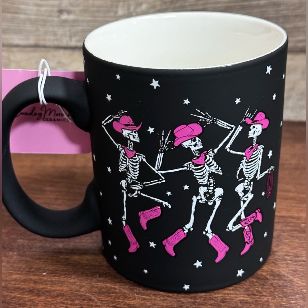 Super Cute 🥰 Black with pink dancing Skeletons Mug Let’s Go Ghouls! -…